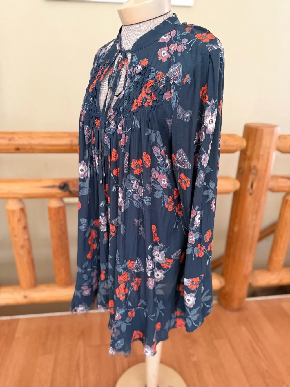 Free People So Fine Floral Smocked Crepe Top - Sz Large